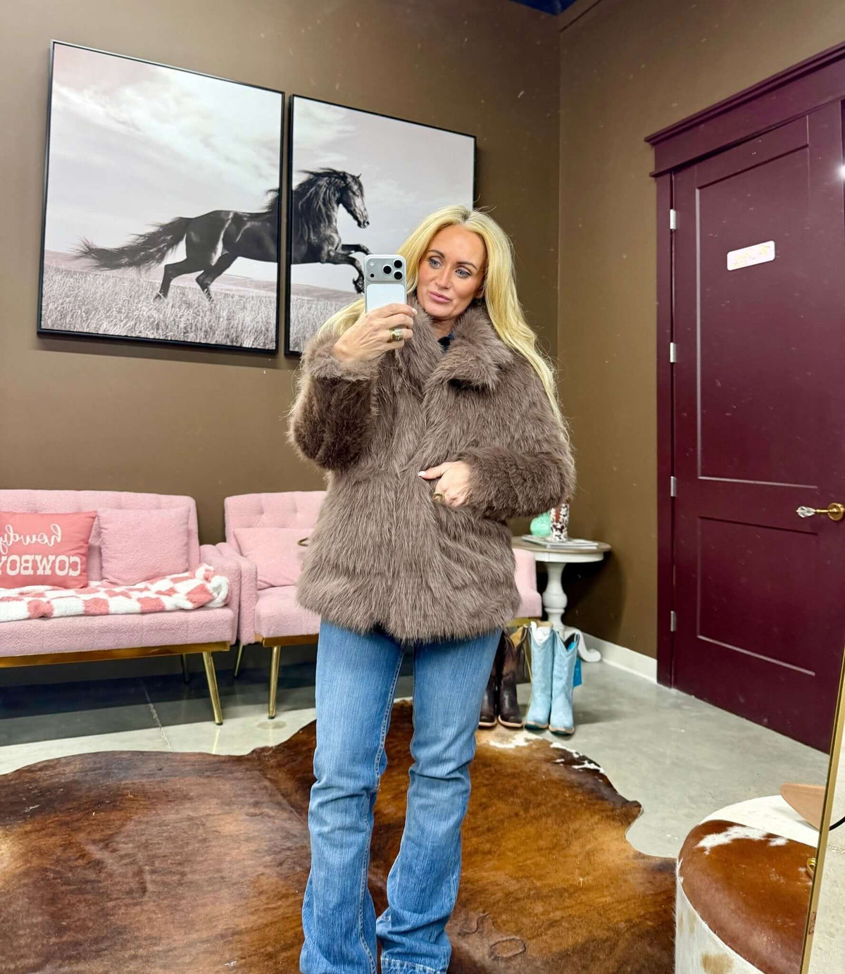 Blue B faux fur coat, stylish outerwear jacket with plush fur texture, perfect for cold weather and fashionable winter wear.