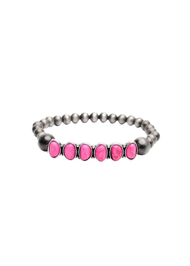 Faux Navajo Pearl Stretch Bracelet with 6 Stone Pink Accent - Cowgirl Charm