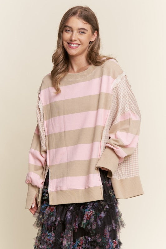 Gingham & Striped Knit Sweater Top
