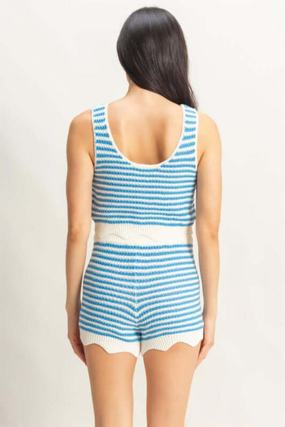 HYFVE striped sleeveless tank and shorts set, casual summer outfit with blue and white horizontal stripes, lightweight and comfortable.