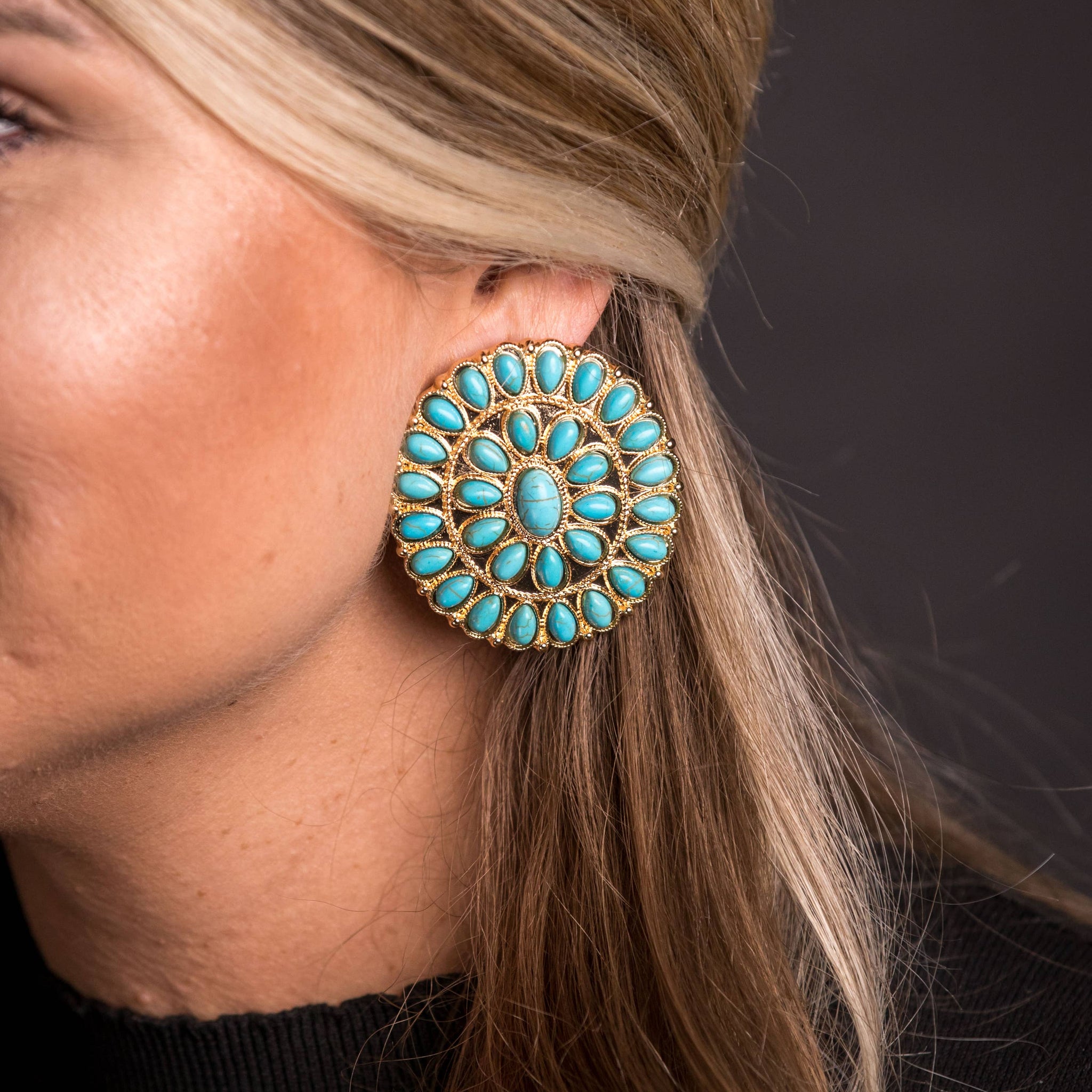 Large Gold and Turquoise Cluster Post Earring