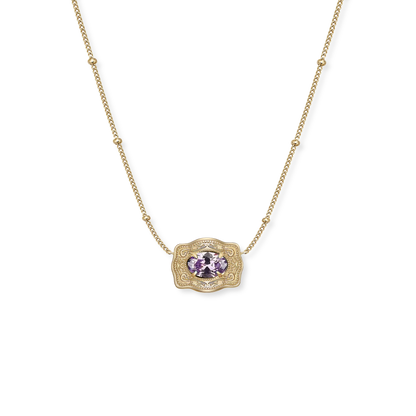 Spurwest Ultra Mini Belt Buckle Birthstone Necklace featuring a small metallic buckle and vibrant birthstone charm on a delicate chain