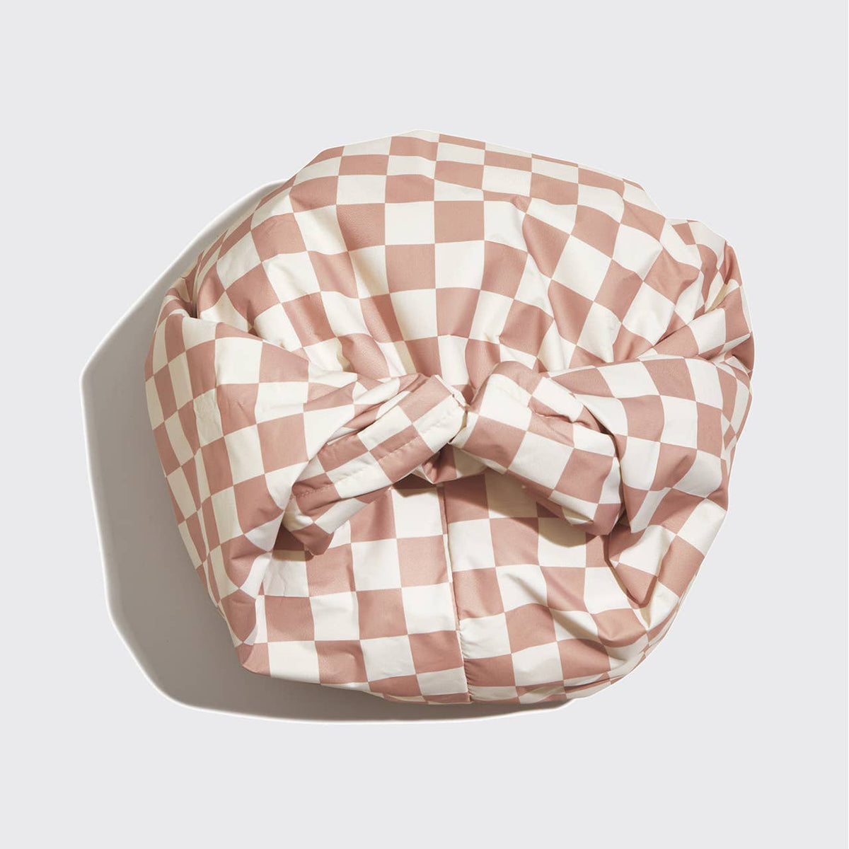 KITSCH satin-lined flexi shower cap in terracotta checker pattern, waterproof and comfortable hair protection for shower or bath.