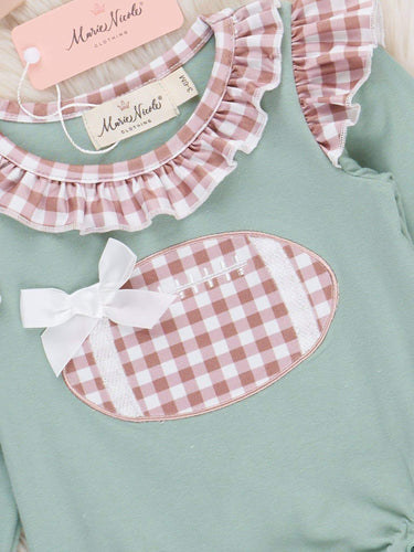 First Down Embroidered Gingham Football Ruffle Romper - Cowgirl Charm