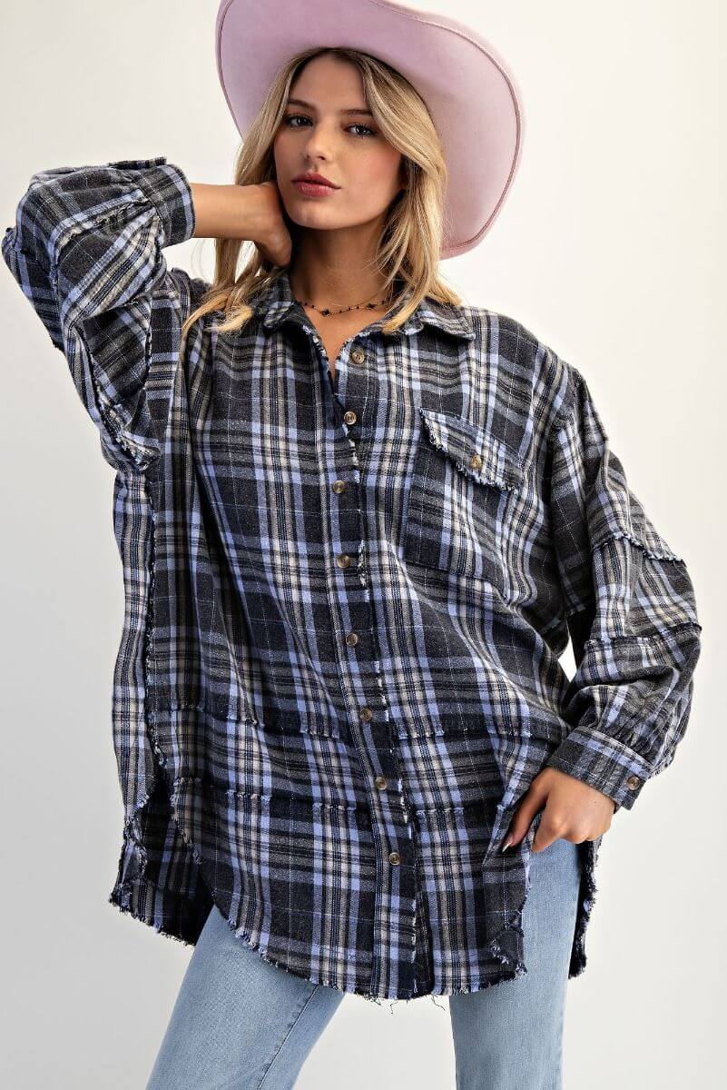 Navy plaid flannel oversized button-up shirt by Easel, featuring a classic checkered pattern and relaxed fit for casual wear.