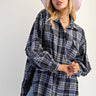 Navy plaid flannel oversized button-up shirt by Easel, casual tops with long sleeves and classic plaid pattern.