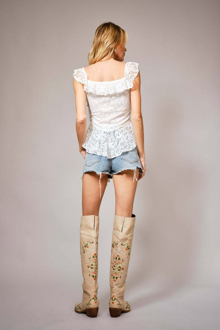 Floral Lace Ruffle Center Detailed Top - Cowgirl Charm