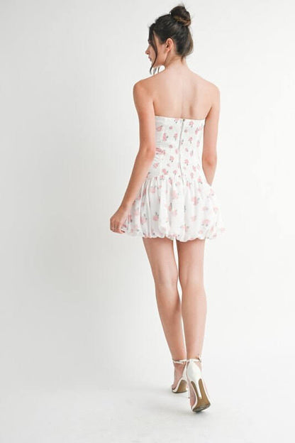 White floral strapless mini dress with bubble hem and corset style for women by Mable, perfect for summer or casual occasions.