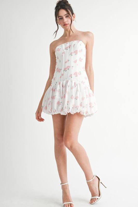White floral strapless mini dress with bubble hem and corset design by Mable, perfect for stylish summer occasions.