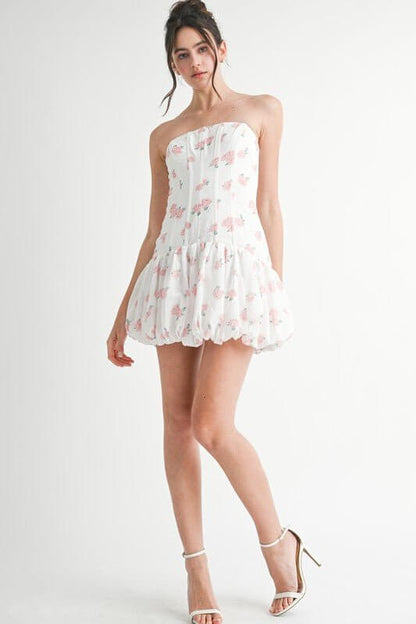White floral strapless mini dress with bubble hem and corset design by Mable, perfect for stylish summer occasions.