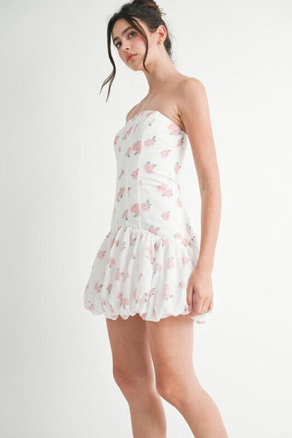 White floral strapless mini dress with bubble hem and corset style, designed for women by Mable.