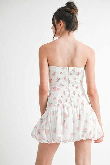 White floral strapless mini dress with bubble hem and corset detail, designed for women by Mable.