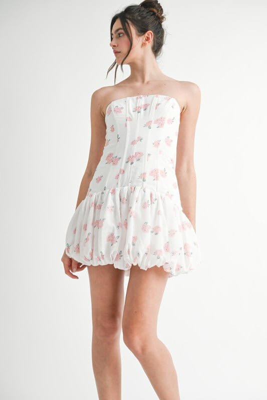 White floral strapless mini dress with bubble hem and corset style for women by Mable, perfect for summer or special occasions.