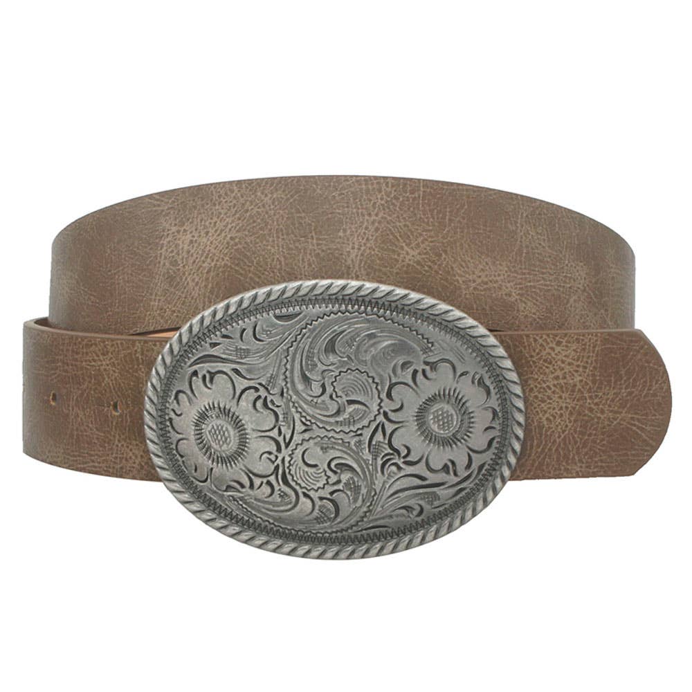 Flower embossed oval buckle vintage strap belt by anbfashion, featuring a floral pattern on a leather strap with an oval buckle.
