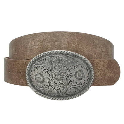 Flower embossed oval buckle vintage strap belt by anbfashion, featuring a floral pattern on a leather strap with an oval buckle.