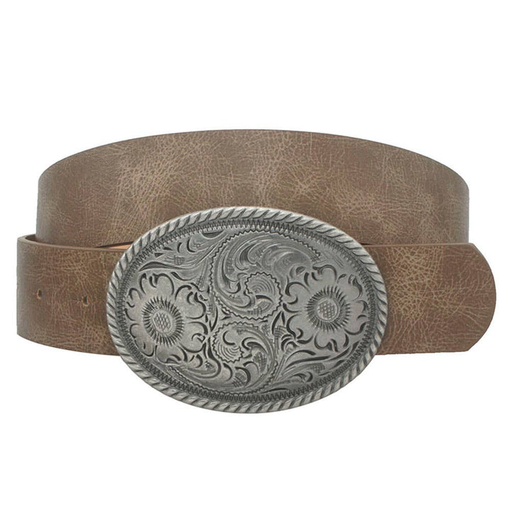 FLOWER EMBOSSED OVAL BUCKLE VINTAGE STRAP BELT IW - 36005 - Cowgirl Charm