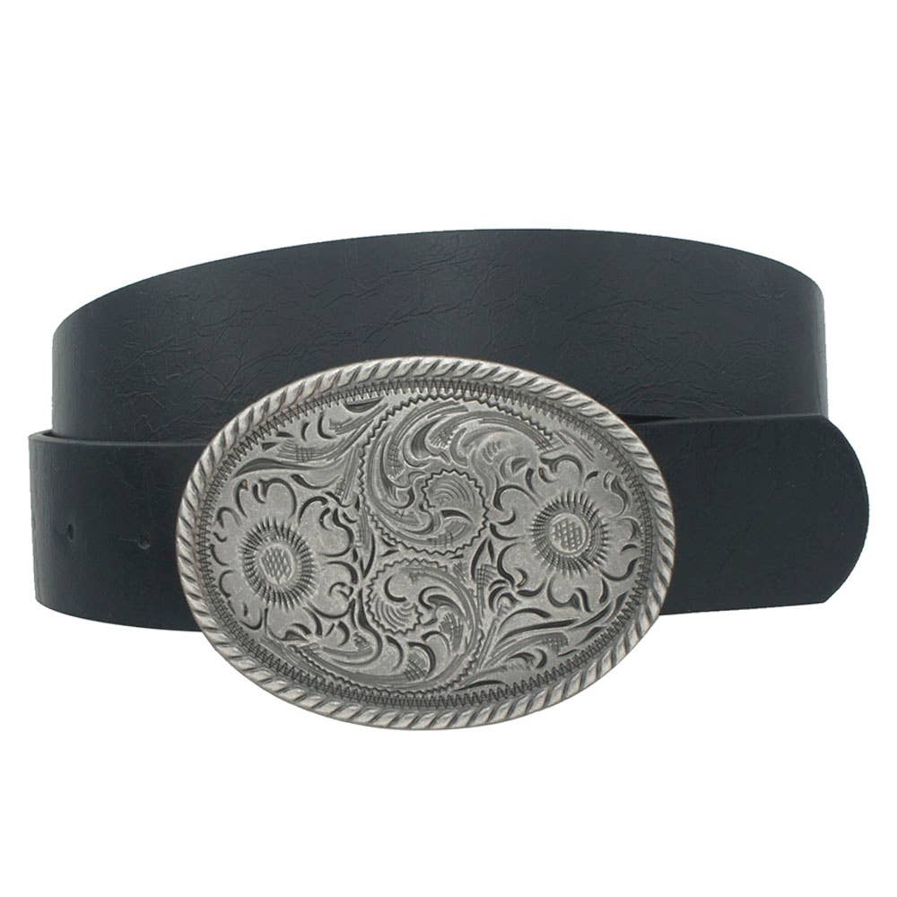 Flower-embossed oval buckle vintage strap belt by anbfashion, featuring floral embossed design and classic oval buckle.