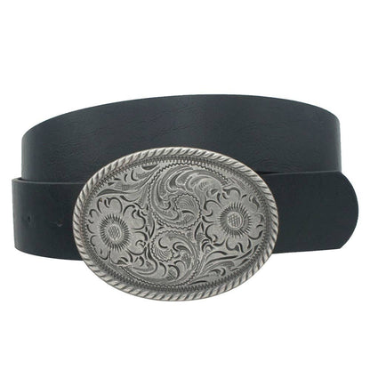 Flower-embossed oval buckle vintage strap belt by anbfashion, featuring floral embossed design and classic oval buckle.