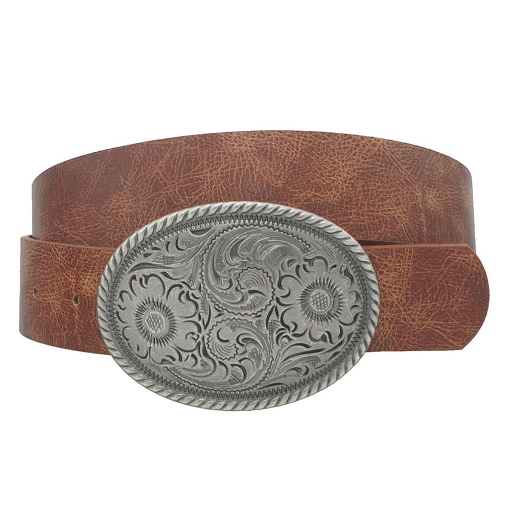 Flower embossed oval buckle vintage strap belt by anbfashion, featuring textured floral design and classic metal buckle.