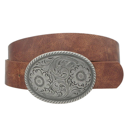 Flower embossed oval buckle vintage strap belt by anbfashion, featuring textured floral design and classic metal buckle.
