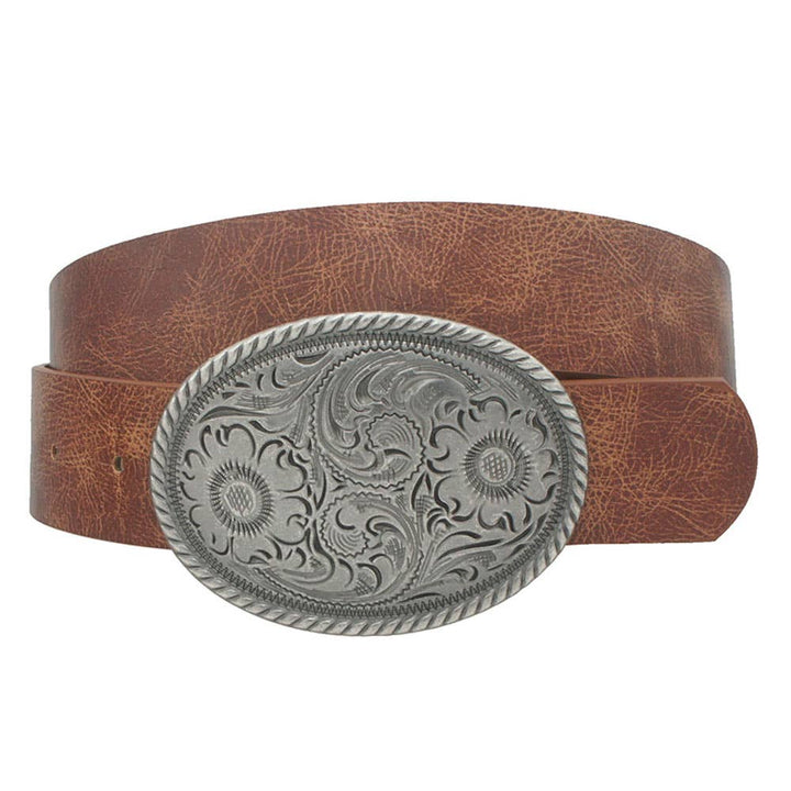FLOWER EMBOSSED OVAL BUCKLE VINTAGE STRAP BELT IW - 36005 - Cowgirl Charm