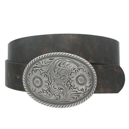 Flower embossed oval buckle vintage strap belt by anbfashion, showing detailed floral design on the leather strap.