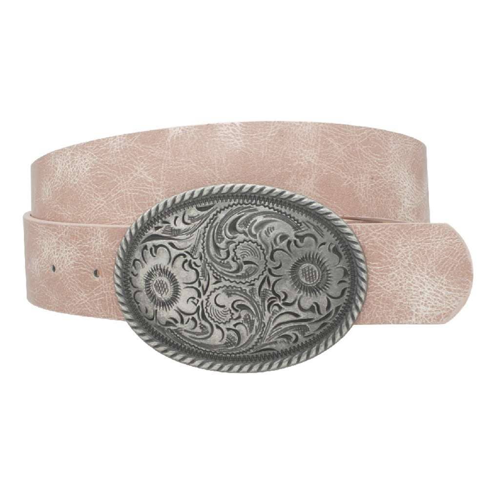 Flower embossed oval buckle vintage strap belt by anbfashion, showing detailed floral pattern and classic leather style.