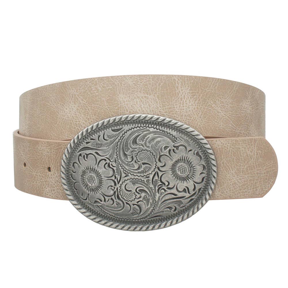 Flower embossed oval buckle vintage strap belt from anbfashion, featuring a floral design and classic leather strap.
