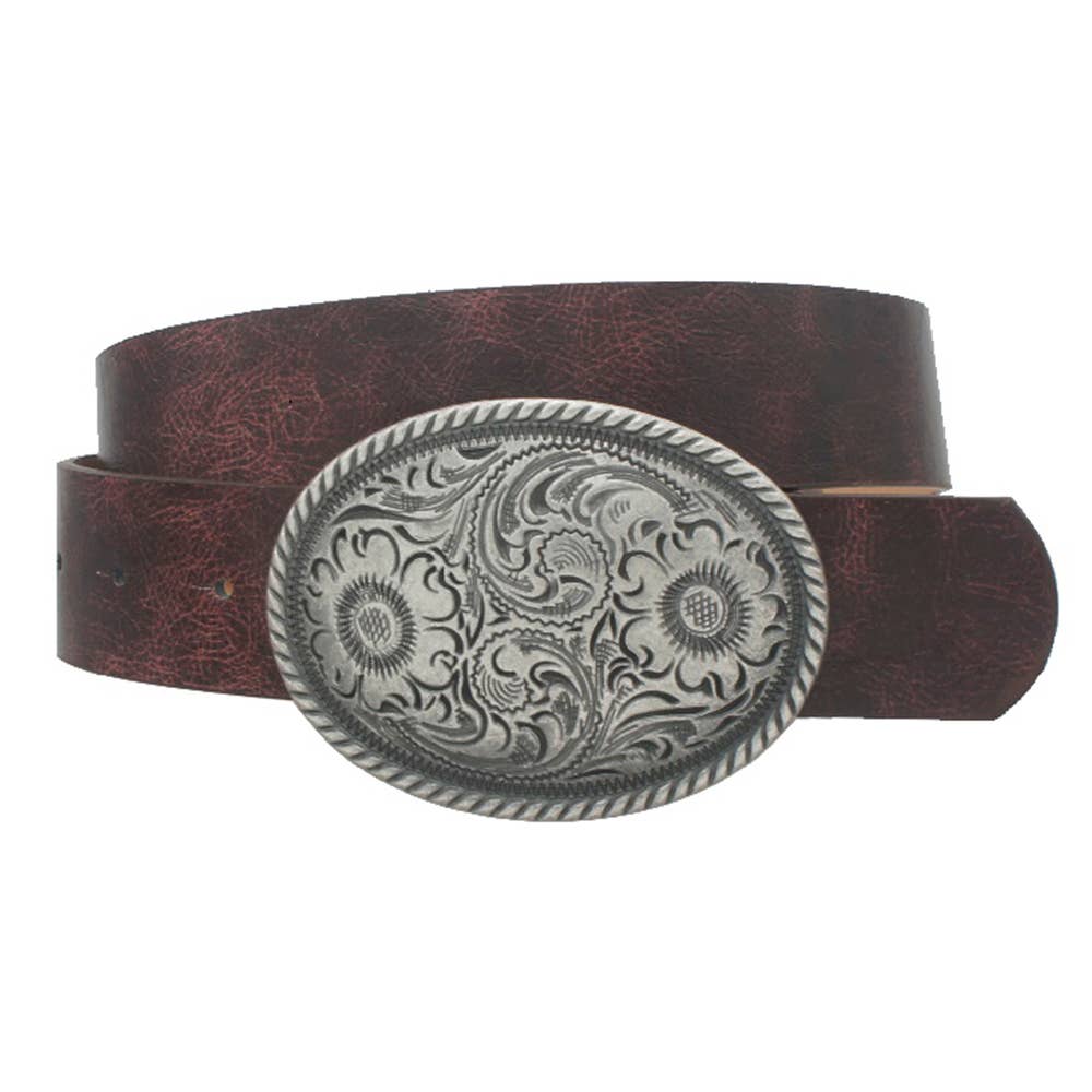 Flower embossed oval buckle vintage strap belt by anbfashion, showing detailed floral pattern and classic belt design.