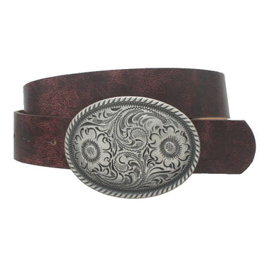 FLOWER EMBOSSED OVAL BUCKLE VINTAGE STRAP BELT IW - 36005 - Cowgirl Charm