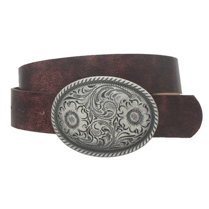 Flower embossed oval buckle vintage strap belt by anbfashion, showing detailed floral pattern and classic belt design.
