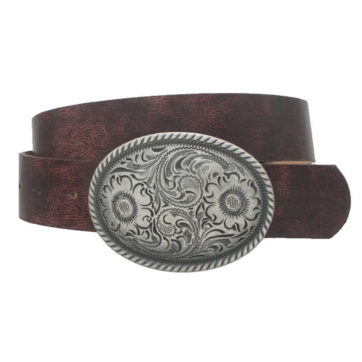 FLOWER EMBOSSED OVAL BUCKLE VINTAGE STRAP BELT IW - 36005 - Cowgirl Charm