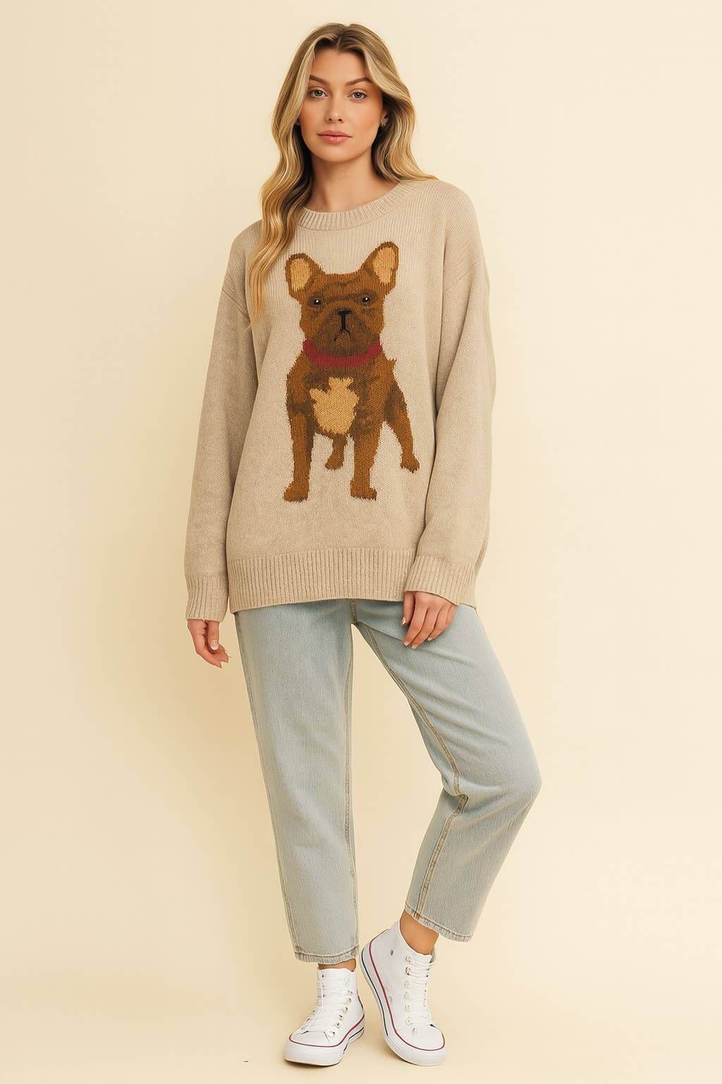 Cute French Bulldog wearing a cozy Cloud Ten sweater, showcasing the stylish and warm sweater for small dogs.