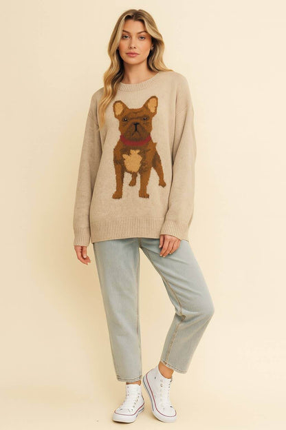 Cute French Bulldog wearing a cozy Cloud Ten sweater, showcasing the stylish and warm sweater for small dogs.