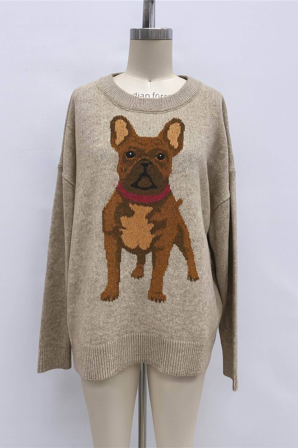 Cream-colored French Bulldog sweater by Cloud Ten, cozy knit sweater with ribbed collar and hem for dogs.