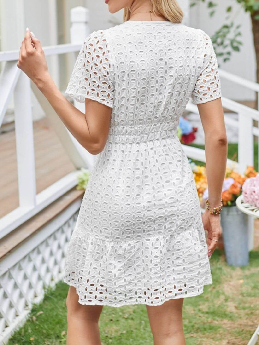 GenBeauty Eyelet Notched Neck Short Sleeve Dress – Summer White & Classic Black - Cowgirl Charm