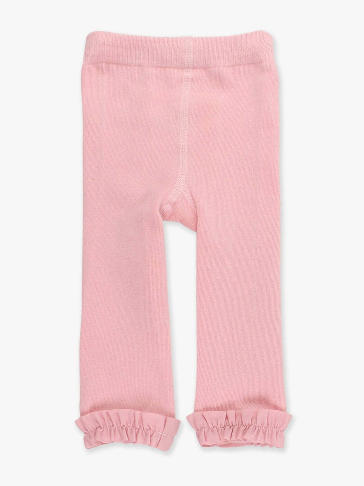 Girls pink footless ruffle tights from RuffleButts + RuggedButts, featuring playful ruffle details and soft, comfortable fabric.