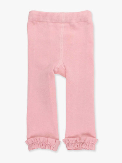 Girls pink footless ruffle tights from RuffleButts + RuggedButts, featuring playful ruffle details and soft, comfortable fabric.