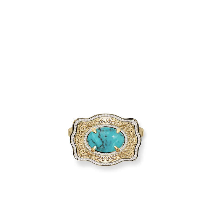 Gold SpurWest Oasis belt buckle ring with adjustable fit, featuring a decorative design, shown from the front view.