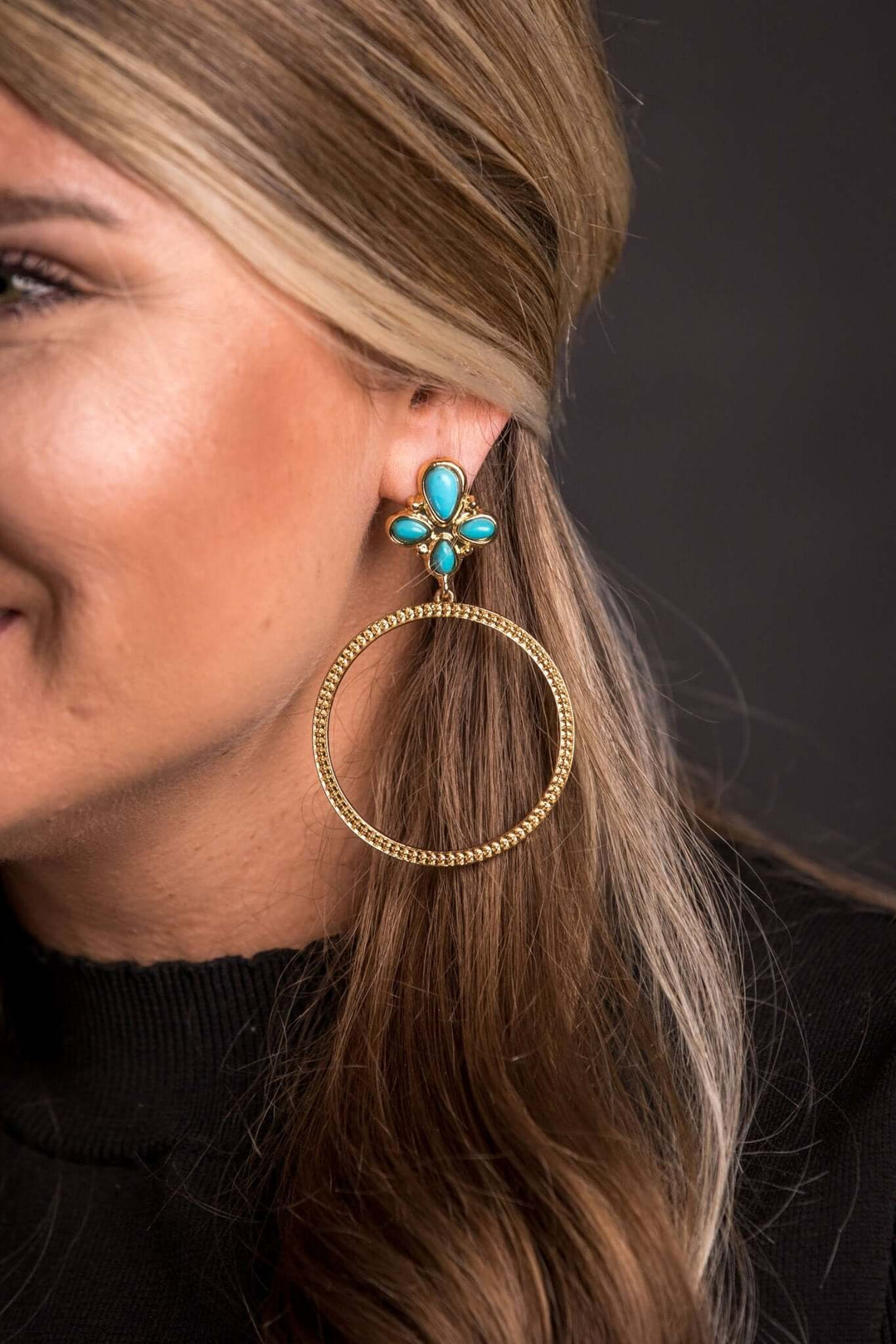 Gold Dotted Hoop Earring on Turquoise Cluster Post - Cowgirl Charm