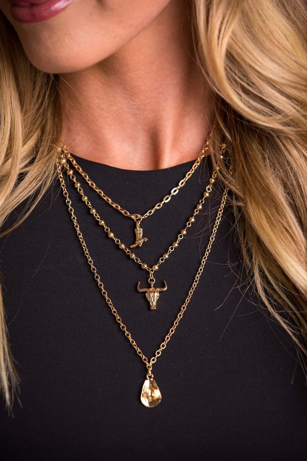 Gold Layer Chain Necklace w/ Cowboy Boot, Skull & Cowboy Hat - Cowgirl Charm