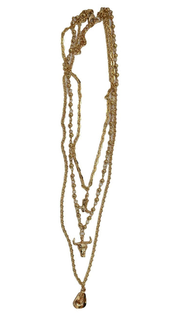 Gold Layer Chain Necklace w/ Cowboy Boot, Skull & Cowboy Hat - Cowgirl Charm