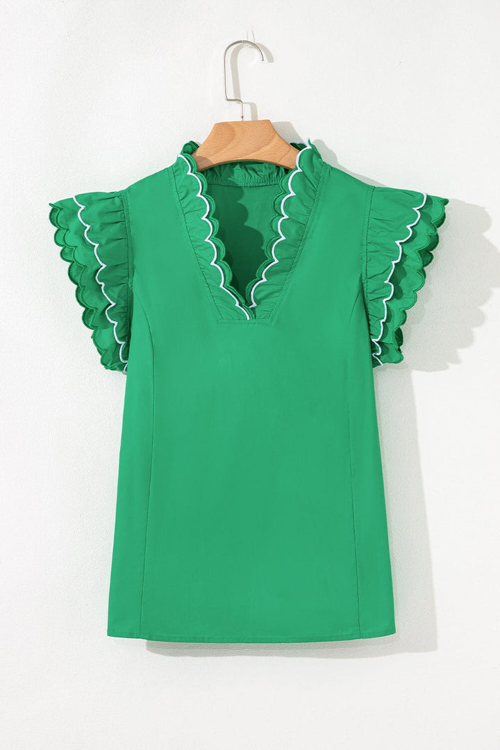 Green Scallop Sleeve Ruffle Trim Top - Cowgirl Charm