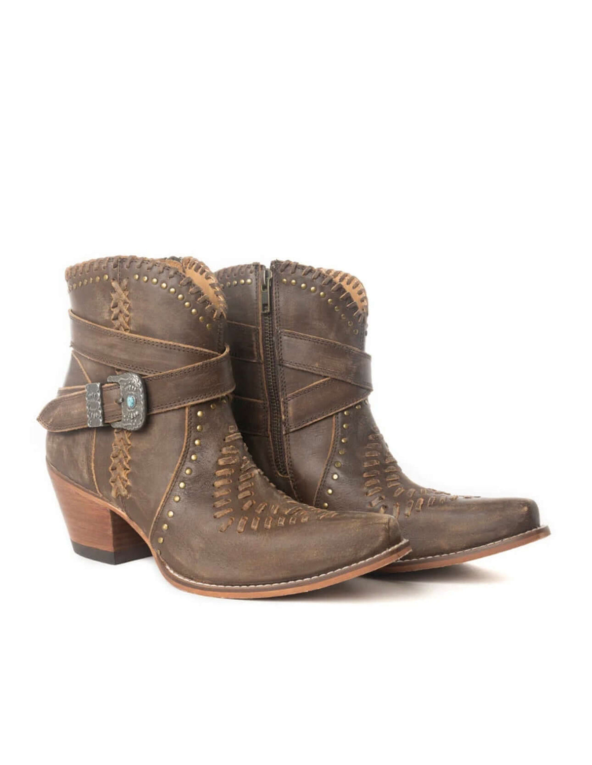 Myra Bags Haley’s High Peak Booties in brown leather with chunky heel and ankle strap, stylish footwear for casual wear.