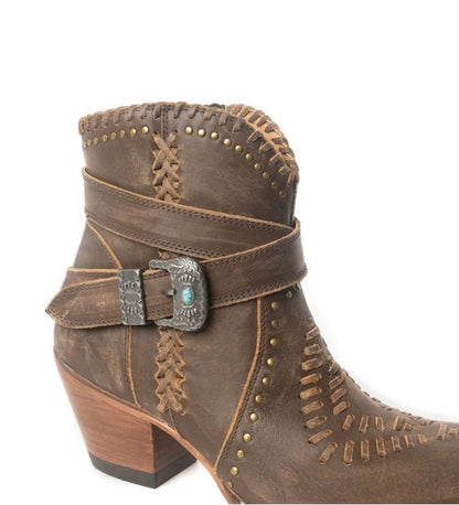 Myra Bags Haley’s High Peak Booties in brown leather with chunky heel and ankle strap for stylish outdoor wear.