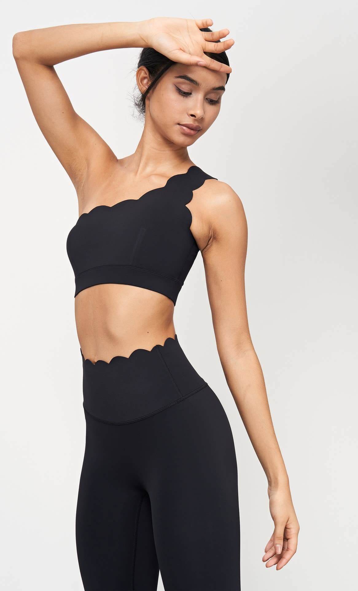Helena Scallop One Shoulder Sports Bra by 91thelabel, activewear with scalloped design and one-shoulder style, in black fabric.