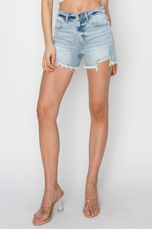 High Rise Distressed Denim Shorts – Light Wash Frayed Hem - Cowgirl Charm