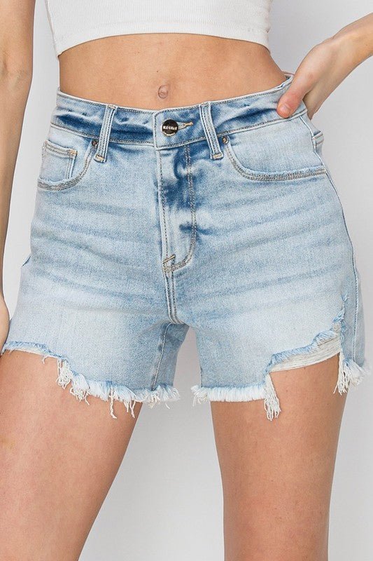 High Rise Distressed Denim Shorts – Light Wash Frayed Hem - Cowgirl Charm