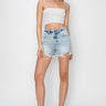 High Rise Distressed Denim Shorts – Light Wash Frayed Hem - Cowgirl Charm