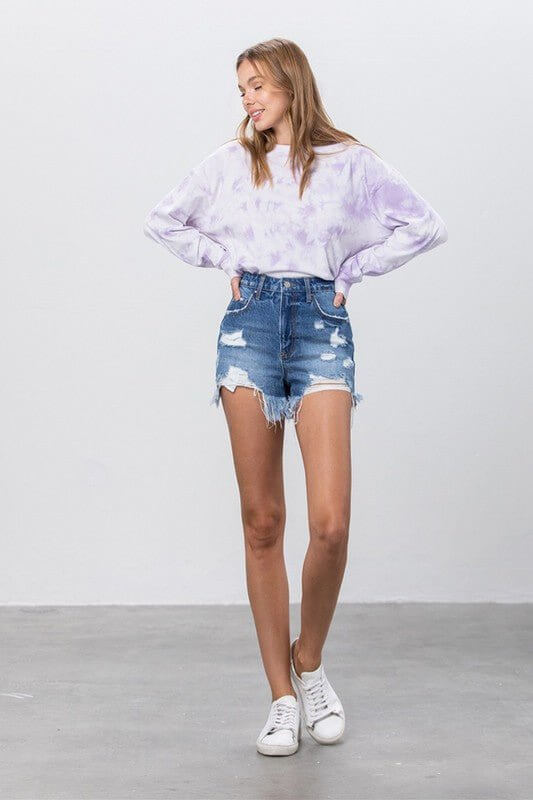 Insane Gene high-rise distressed denim shorts with raw hem, showcasing a stylish fit and rugged denim texture.